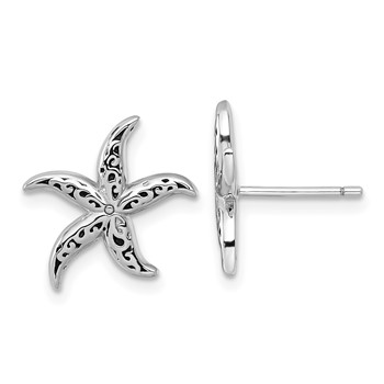 Sterling Silver Rhodium-plated Polished and Oxidized Filigree Starfish Post Earrings