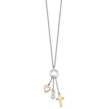 Sterling Silver Infinity and Gold-tone Cross and Rose-tone Heart BLESSED Circle 16 inch Necklace — alternate view