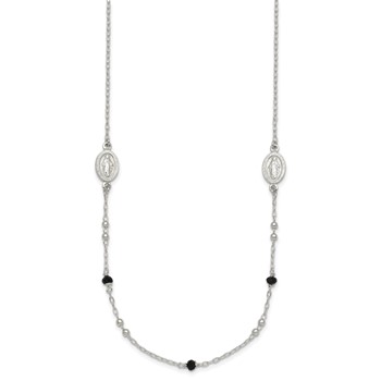 Sterling Silver Polished Textured Spanish Miraculous Medals with Black Glass Beads 16 inch Necklace — alternate view