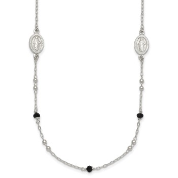 Sterling Silver Polished Textured Spanish Miraculous Medals with Black Glass Beads 16 inch Necklace