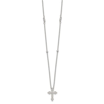 Sterling Silver Polished and Beaded White CZ Budded Cross 16.5 inch with 1 inch Extension Necklace — alternate view