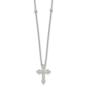 Sterling Silver Polished and Beaded White CZ Budded Cross 16.5 inch with 1 inch Extension Necklace