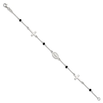 Sterling Silver Polished Spanish Miraculous Medal and Crosses with Black Glass Beads 7.5 inch Bracelet — alternate view