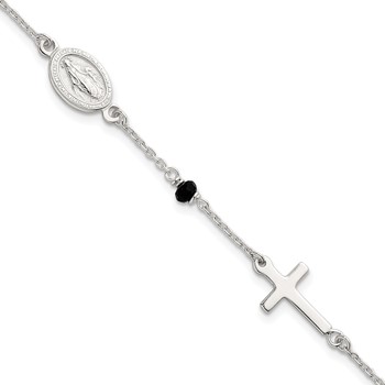 Sterling Silver Polished Spanish Miraculous Medal and Crosses with Black Glass Beads 7.5 inch Bracelet