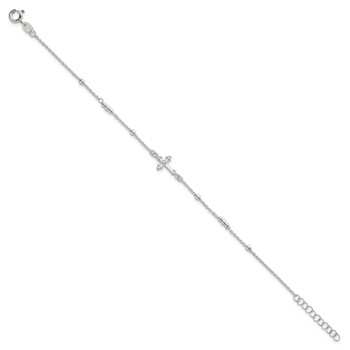 Sterling Silver Polished and Beaded White CZ Budded Cross 7 inch with 1 inch Extension Bracelet — alternate view