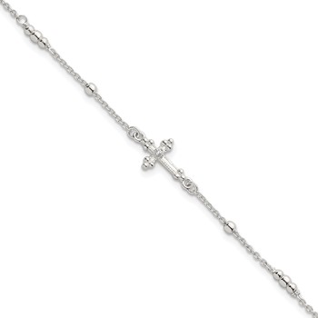 Sterling Silver Polished and Beaded White CZ Budded Cross 7 inch with 1 inch Extension Bracelet