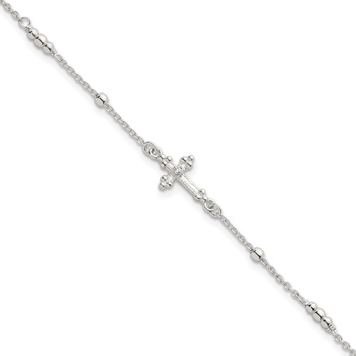 Sterling Silver Polished and Beaded CZ Cross w/ 1in Ext Bracelet