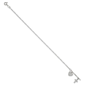 Sterling Silver Polished White CZ Heart and Cross Charms 7 inch with 1 inch Extension Bracelet — alternate view