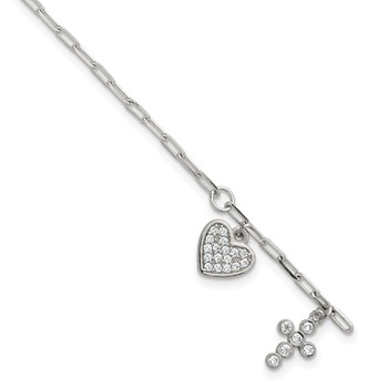 Sterling Silver Polished White CZ Heart and Cross Charms 7 inch with 1 inch Extension Bracelet
