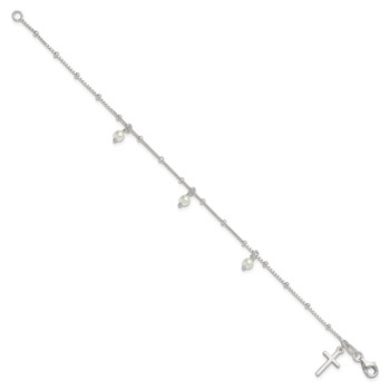 Sterling Silver Polished and Beaded with Glass Pearls and Cross Charm 7.5 inch Bracelet — alternate view