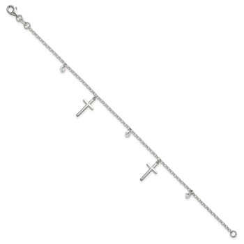 Sterling Silver Polished White CZ Dangles and Cross Charm 7.5 inch Bracelet — alternate view
