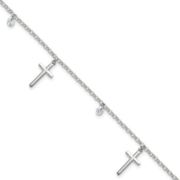 Sterling Silver Polished White CZ Dangles and Cross Charm 7.5 inch Bracelet