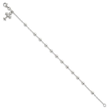 Sterling Silver Polished Beaded with White CZ Fleur de Lis Cross Charm 7.5 inch Bracelet — alternate view