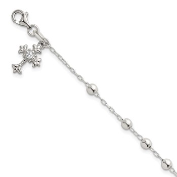 Sterling Silver Polished Beaded with White CZ Fleur de Lis Cross Charm 7.5 inch Bracelet