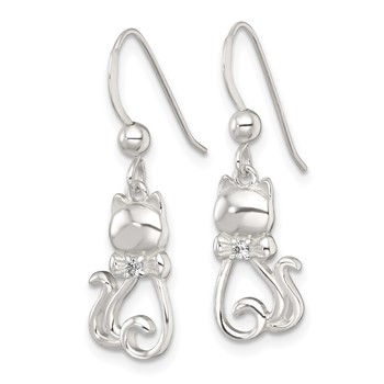 Sterling Silver Polished White CZ Cat Silhouette With Bowtie Dangle Shepherd Hook Earrings — alternate view