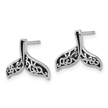 Sterling Silver Rhodium-plated Polished and Oxidized Filigree Whale Tail Post Earrings — alternate view