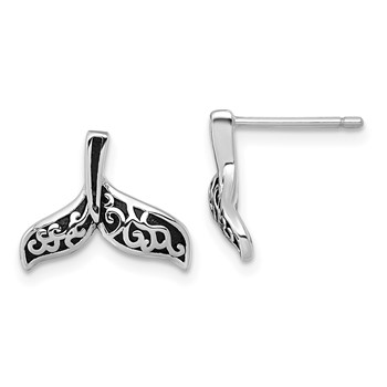 Sterling Silver Rhodium-plated Polished and Oxidized Filigree Whale Tail Post Earrings