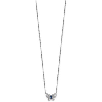 Sterling Silver Rhodium-plated Polished Blue Glass and White CZ Butterfly 16 Inch with 2 Inch Extension Necklace — alternate view