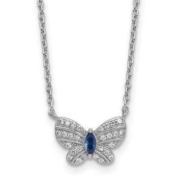 Sterling Silver Rhodium-plated Polished Blue Glass and White CZ Butterfly 16 Inch with 2 Inch Extension Necklace