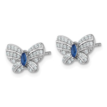 Sterling Silver Rhodium-plated Polished Blue Glass and White CZ Butterfly Post Earrings — alternate view