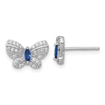 Sterling Silver Rhodium-plated Polished Blue Glass and White CZ Butterfly Post Earrings