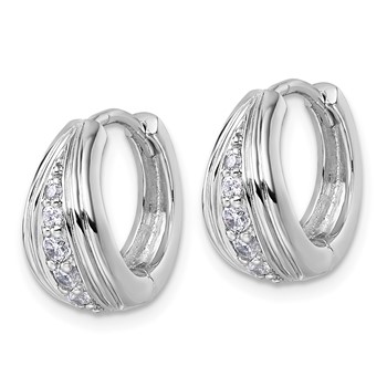 Sterling Silver Rhodium-plated Polished and Grooved White CZ Polished Hinged Hoop Earrings — alternate view