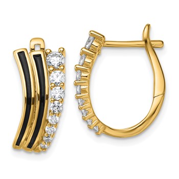 Sterling Silver Gold-tone Black Enamel and CZ Hinged Hoop Earrings
