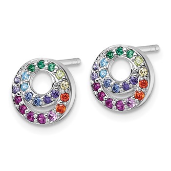 Sterling Silver Rhodium-plated Polished Rainbow CZ Double Circle Post Earrings — alternate view