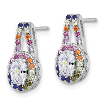 Sterling Silver Rhodium-plated Polished Multi-color Rainbow CZ Oval Halo Post Earrings — alternate view