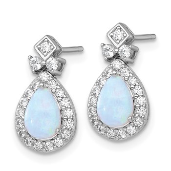 Sterling Silver Rhodium-plated Polished Lab Created Opal and CZ Teardrop Halo Dangle Post Earrings — alternate view