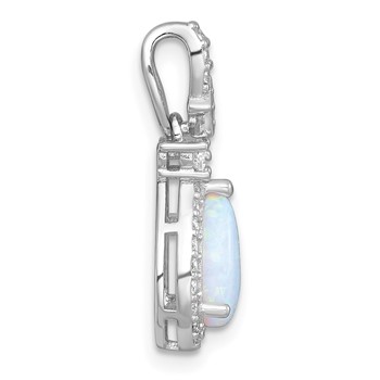 Sterling Silver Rhodium-plated Polished Lab Created Opal and CZ Teardrop Halo Chain Slide Pendant — alternate view