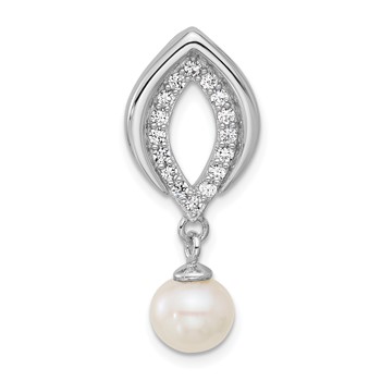 Sterling Silver Rhodium-plated Polished CZ and 6-7mm Freshwater Cultured Pearl Dangle Chain Slide Pendant