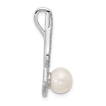 Sterling Silver Rhodium-plated Polished CZ and 6-7mm Freshwater Cultured Pearl Swirl Chain Slide Pendant — alternate view
