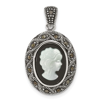Sterling Silver Antiqued Marcasite with Black Agate and Mother of Pearl Cameo Pendant