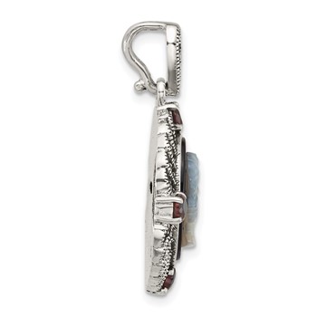 Sterling Silver Antiqued Marcasite and Garnet with Black Agate and Mother of Pearl Cameo Pendant — alternate view