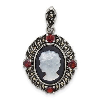 Sterling Silver Antiqued Marcasite and Garnet with Black Agate and Mother of Pearl Cameo Pendant
