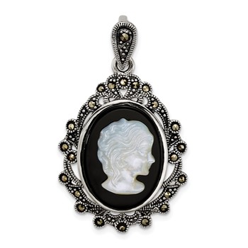 Sterling Silver Antiqued Marcasite with Black Agate and Mother of Pearl Cameo Pendant