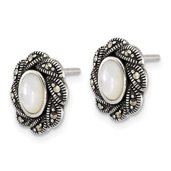 Sterling Silver Antiqued Marcasite and Mother of Pearl Oval Fancy Post Earrings — alternate view