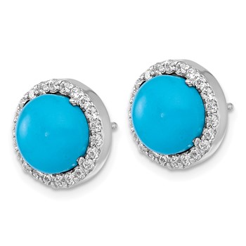 Sterling Silver Rhodium-plated Polished CZ Halo and Reconstituted Turquoise Cabochon Circle Post Earrings — alternate view