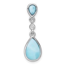 Image of Sterling Silver Rhodium-plated Polished Pear Larimar Cabochon and CZ Teardrop Chain Slide Pendant