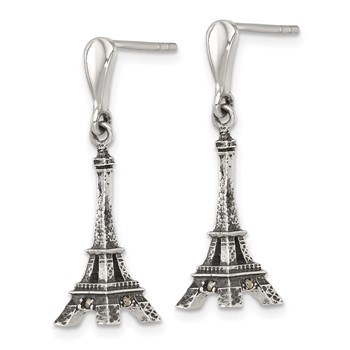 Sterling Silver Antiqued Marcasite 3-D Eiffel Tower Dangle Post Earrings — alternate view