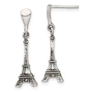 Sterling Silver Antiqued Marcasite 3-D Eiffel Tower Dangle Post Earrings