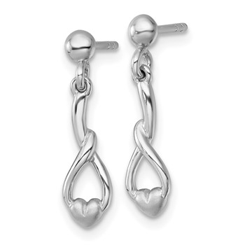 Sterling Silver Rhodium-plated Polished and Brushed Fancy Teardrop Heart Dangle Post Earrings — alternate view