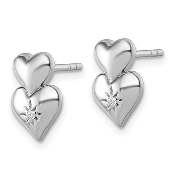 Sterling Silver Rhodium-plated Polished White CZ Double Heart Post Earrings — alternate view