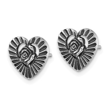 Sterling Silver Antiqued Polished Open Heart With Flower Post Earrings — alternate view