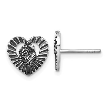 Sterling Silver Antiqued Polished Open Heart With Flower Post Earrings