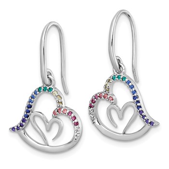Sterling Silver Rhodium-plated Polished Rainbow Nano Crystals Double Heart Dangle Shepherd Hook Earrings — alternate view