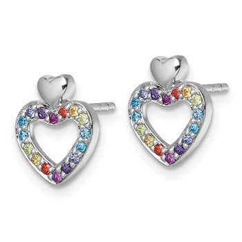 Sterling Silver Rhodium-plated Polished Rainbow CZ Double Heart Post Earrings — alternate view