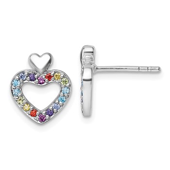 Sterling Silver Rhodium-plated Polished Rainbow CZ Double Heart Post Earrings