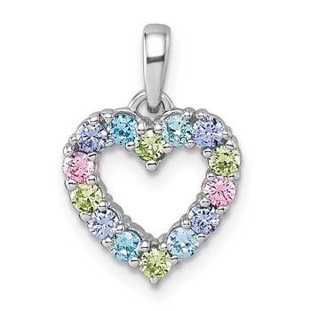 "Sterling Silver Rhodium-plated Polished Pastel Blue, Pink, Green and Purple CZ Heart Pendant"